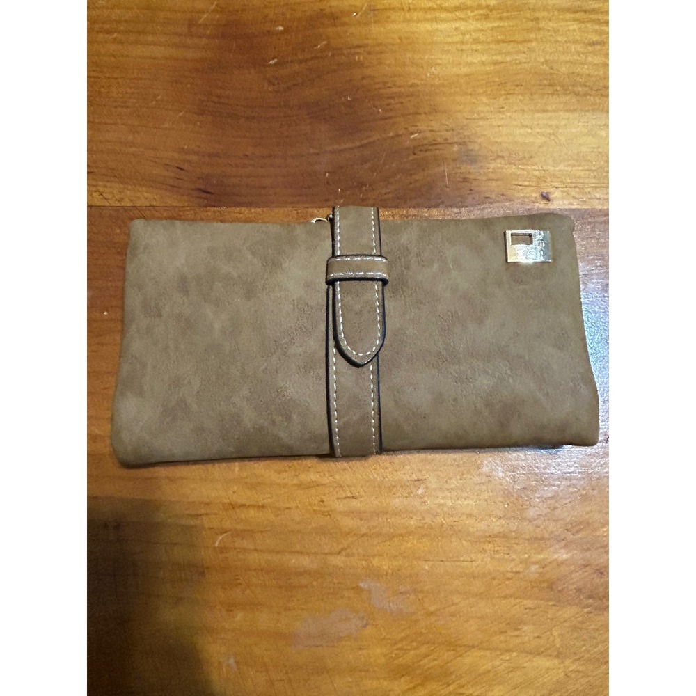 Tan Faux Suede Clutch Wallet Organizer Card Holder Zip Pocket Fashion Accessory